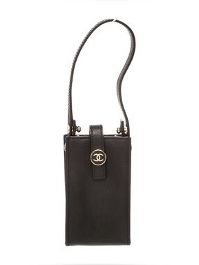 Chanel Vintage CC Cigarette Case Phone Holder Caviar Leather Black Gold